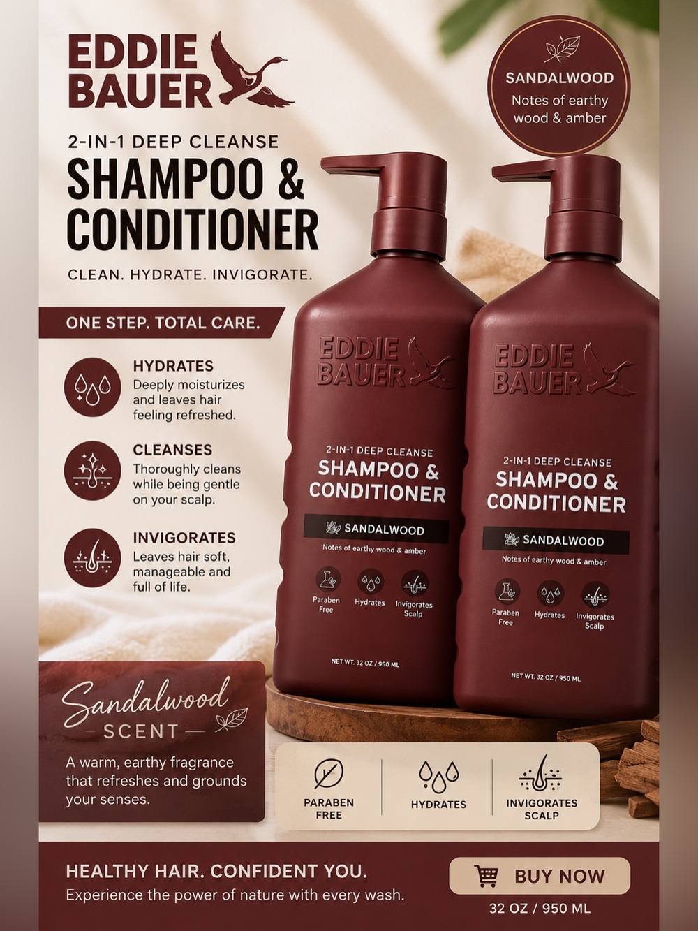 Eddie Bauer Sandalwood Shampoo & Conditioner - Deep Brown Pumps Bundle of 2